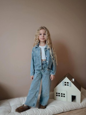 Yiğit Butik Fiyonk Desenli Denim Kumaş Kız Çocuk Takım