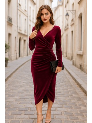 Livizmir Moda Kadın Uzun Kollu Kruvaze Yaka Belden Büzgü Detay Midi Kadife Elbise