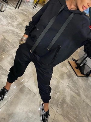 Livizmir Moda Kadın Uzun Kollu Kapşonlu Pulpayet Detay Viskon Iki Iplik Bluz ve Pantolon Ikili Takım