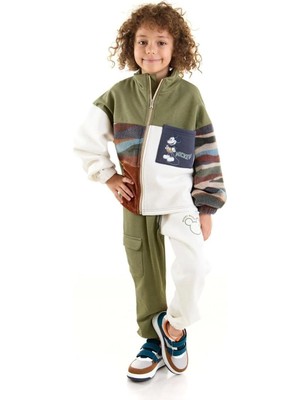 Magu Erkek Çocuk Pamuklu Haki Renk Bloklu Karakter Baskılı Eşofman Takım - Fermuarlı Sweatshirt Cep Detaylı 2'li Set