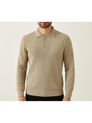 Polo Mirage Bej Fermuarlı Polo Yaka Triko