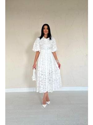 Livizmir Moda Ekru Kemerli Balon Kollu Elbise