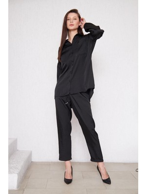 Comstar Kadın Oversize Gömlek Beli Lastikli Pantolon Siyah Ikili Takım