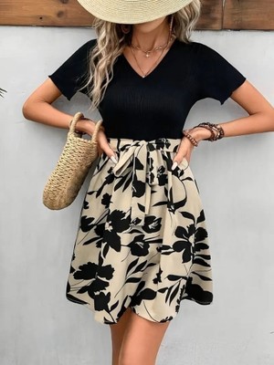 Livizmir Moda Kadın Kısa Kollu V Yakalı Belden Kuşaklı Çiçek Desenli Üst Viskon Alt Süprem Elbise