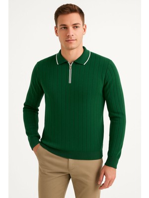 Polo Mrage Yeşil Fermuarlı Polo Yaka Triko