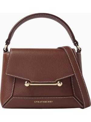 Strathberry Nano Mosaic Chocolate Kahverengi Deri Top Handle Çanta, Sanatsal Mini Tasarım