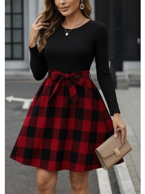Livizmir Moda Kadın Uzun Kollu Bisiklet Yaka Üst Viskon Alt Ekose Kısa Elbise