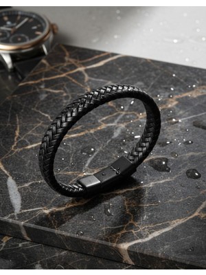 Generic Siyah Örgü Deri Erkek Bileklik Manyetik Kilitli Minimal Tasarım