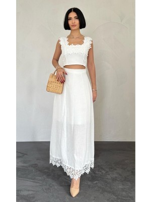 Livizmir Moda Beyaz Güpürlü Crop ve Etek Takım