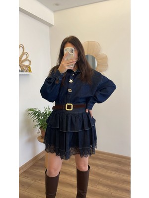 Nihanello Butik Denim Ucu Dantelli Mini Etek
