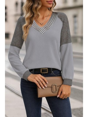 Livizmir Moda Kadın Uzun Kollu V Yakalı Dantelli Waffle Bluz