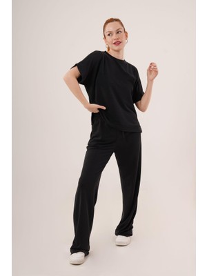 Livizmir Moda Modal Kısa Kollu Üst ve Geniş Paça Eşofman Ikili Siyah Takım