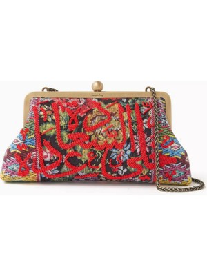 Çiçekli Jakarlı Kanvas Üzerine Kaligrafi Boncuklu Çanta, El Yapımı & Zarif