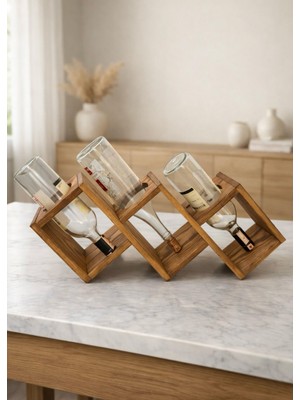 Doğal Ahşap Dokaratif  Masa Üstü Moderen Üçlü  Şaraplık Standı,  Koyu Meşe