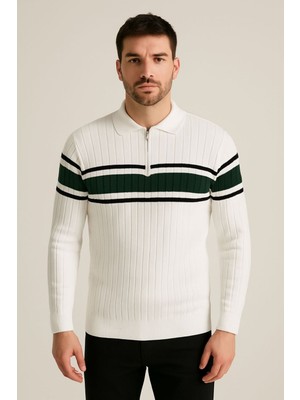 Polo Mirage Polo Mırage Fermuarlı Yeşil Çizgili Polo Triko