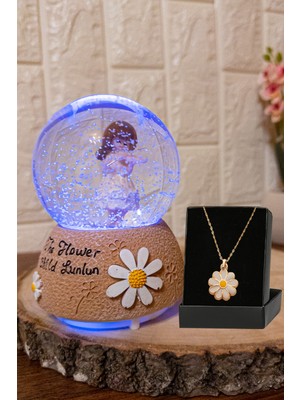 Renk Değişen Işıklı Papatya Temalı Müzikli Kar Küresi ve Kolye Seti