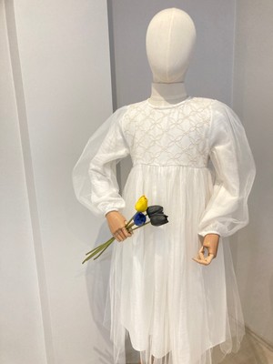 Uhde Store Kız Çocuk Ekru Tül Elbise Uzun Kollu Tesettür Özel Gün Elbisesi Pamuk Astarlı