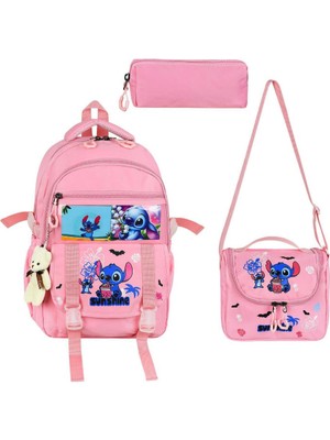 Baginn Ilkokul Kız Çocuk Çantası 3'lü Set Stic Benzeri 42*30 cm Beslenme Çantası Kalem Kutusu Ortopedik