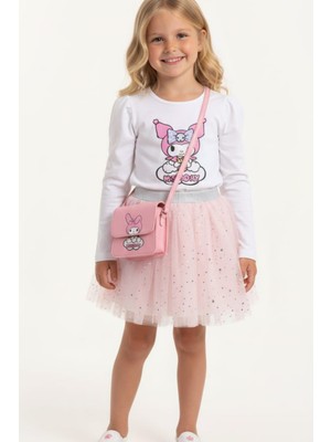 Magu Kız Çocuk Pamuklu Beyaz Karakter Baskılı Tül Etek Takım - Simli Puantiye Tüllü Etekli 2'li Set
