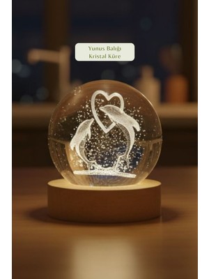 3D LED Yunus Balığı Kristal Küre Sarı Işıklı Dekoratif Hediye