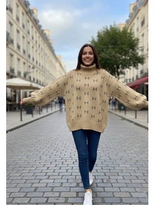 Yusgos Kadın Yarım Balıkçı Yaka  Oversize Kışlık Triko Kazak