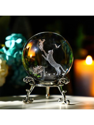 Şık Metal Ayaklı 3D Kedi Tasarımlı Cam Küre, 6cm, Dekoratif Hediye