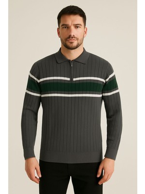 Polo Mirage Polo Mırage Fermuarlı Yeşil Çizgili Polo Triko