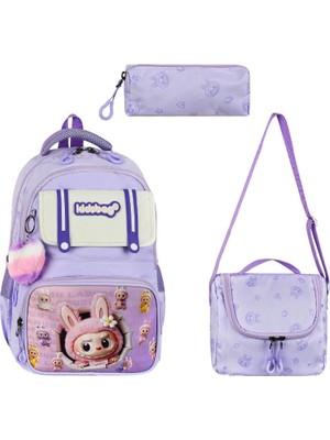 Baginn Ilkokul Kız Çocuk Çantası 3'lü Set Labubu Benzeri 40*30 cm Beslenme Çantası Kalem Kutusu Ortopedik