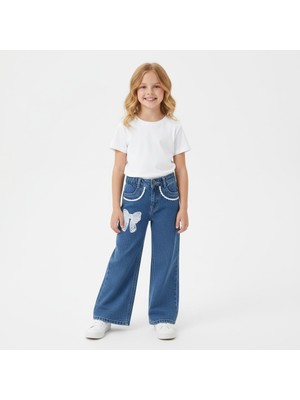 Seabubbles Fiyonk Nakışlı Geniş Paça Kot Pantolon