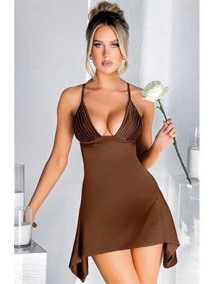 MOTTO10 Butik Özel Tasarım Ince Askılı Göğüs Dekolteli Kahverengi Mini Saten Gecelik