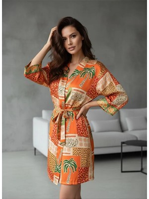 Jermo Kadın Saten Baskılı Ipeksi Kumaş ve Kemerli Tek Sabahlık