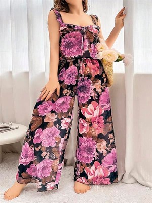 MOTTO10 Butik Özel Tasarım Büyük Beden Çiçek Desenli Bol Kesim 2'li Pijama Takımı