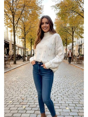 Yusgos Kadın Yarım Balıkçı Yaka  Oversize Kışlık Triko Kazak