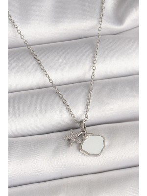 Stainles Steel 316L Çelik Gümüş Renk Zincir Sallantı Beyaz Mineli Deniz Kabuğu Zirkon Taşlı Deniz Yıldızı Figür Kadın Kolye