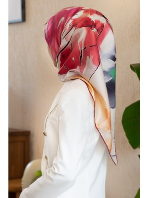 Vissona %100 Twill Ipek Sulu Boya Çiçek Desenli Kırmızı - Fuşya Renkli 90X90 Eşarp Dikim Şekli : El Dikişi