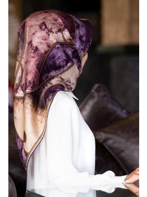 Vissona %100 Twill Ipek Zincirli Mermer Desenli Mor - Pudra Renkli 90X90 Eşarp Dikim Şekli : El Dikişi