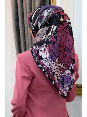 Vissona %100 Twill Ipek Yaprak Desenli Mor - Mürdüm Renkli 90X90 Eşarp Dikim Şekli : El Dikişi