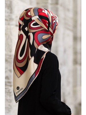 Vissona % 57 Ipek % 43 Viskon Twill Ipek Geometrik Desenli Bej - Kırmızı Renkli 90X90 Dikim Şekli : El Dikiş
