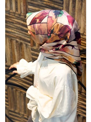 Vissona %100 Twill Ipek Bahar Çiçekleri Desenli Gül Kurusu - Bej Renkli 90X90 Eşarp Kenar Dikiş Şekli El Dik