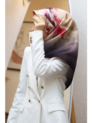 Vissona %100 Twill Ipek Suluboya Çiçek Desenli Hardal - Bordo Renkli 90X90 Eşarp Dikim Şekli : El Dikişi