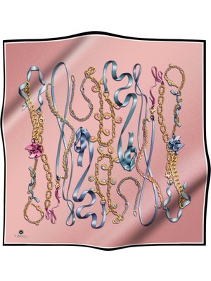 Vissona %100 Twill Ipek Kurdele ve Zincir Desenli Pudra Renkli 90X90 Eşarp Dikim Şekli : El Dikişi