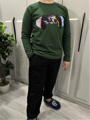 Pidal Giyim Futbolcu Desenli Oyun Konsolu Baskılı Pamuklu Uzun Kollu Erkek Çocuk Eşofman Takımı