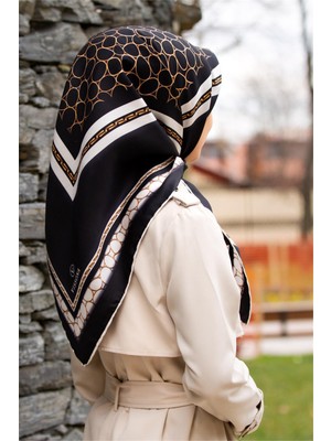 Vissona %100 Twill Ipek Gold Halka Desenli Siyah - Krem Renkli 90X90 Eşarp Dikim Şekli : El Dikişi