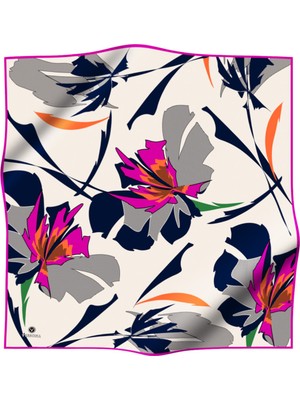 Vissona %100 Twill Ipek Çiçek Desenli Fuşya - Lacivert Renkli 90X90 Eşarp Dikim Şekli : El Dikişi