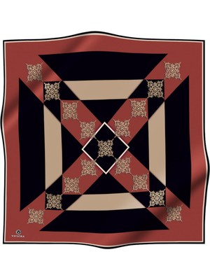 Vissona %100 Twill Ipek Geometrik ve Barok Desenli Taba - Siyah Renkli 90X90 Eşarp Dikim Şekli : El Dikişi