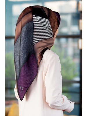 Vissona %100 Twill Ipek Dokulu ve Geometrik Desenli Mürdüm - Vizon Renkli 90X90 Eşarp Dikim Şekli : El Dikiş