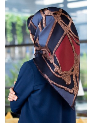 Vissona % 57 Ipek % 43 Viskon Twill Ipek Gold Efektli Geometrik Desenli Lacivert - Bordo Renkli 90X90 Eşarp
