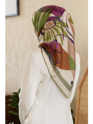 Vissona %100 Twill Ipek Çiçek Desenli Haki - Mürdüm Renkli 90X90 Eşarp Dikim Şekli : El Dikişi