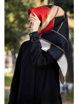 Vissona %100 Twill Ipek Geometrik Desenli Lacivert - Kırmızı Renkli 90X90 Eşarp Dikim Şekli : El Dikişi