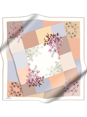 Vissona % 57 Ipek % 43 Viskon Twill Ipek Kareli ve Çıtır Çiçek Desenli Bej - Gri Renkli 90X90 Eşarp Dikim Şe